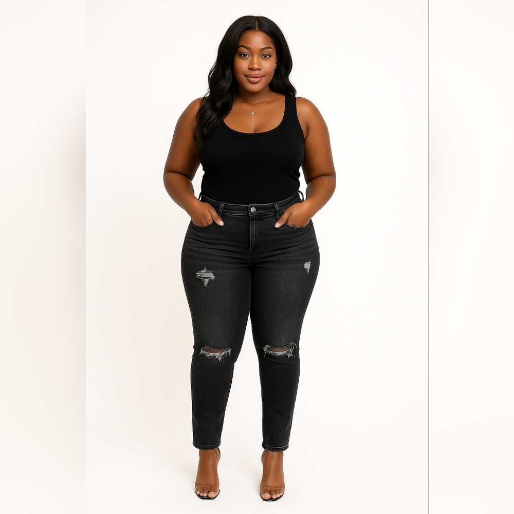Risen High Rise Slim Straight Cropped Raw Hem Jeans  Plus Size 18W